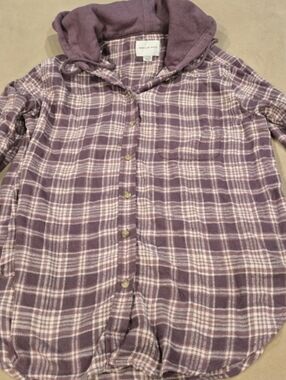 AMERICAN EAGLE Women’s Plaid Button Up Flannel Hoodie Purple Y2K BOHO Size XS 💵